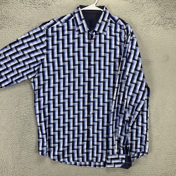Bugatchi Uomo Mens Button Up Shirt XL Blue Geometric Long Sleeve Casual Cotton